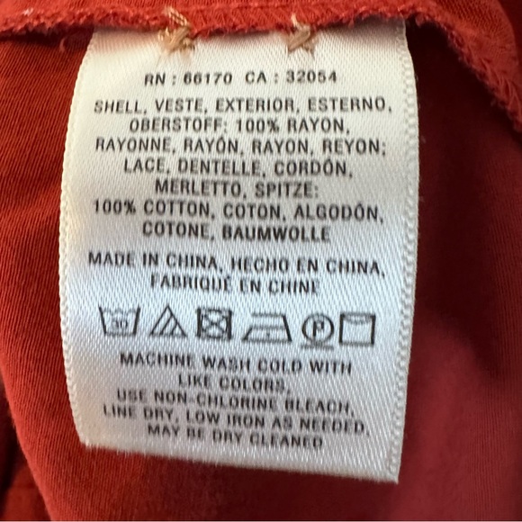 Maeve Anthropologie Rust Lace Trim Blouse Size 4 Boho Button Front Rayon Top - Picture 3 of 5